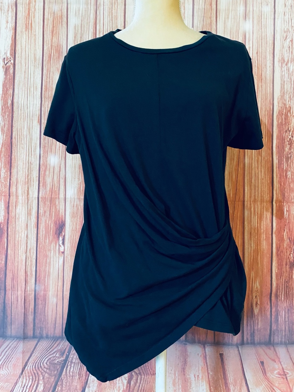 Women’s Large Blouse Nine West Black Short Sleeve Bottom Wrap Twist Cotton Modal